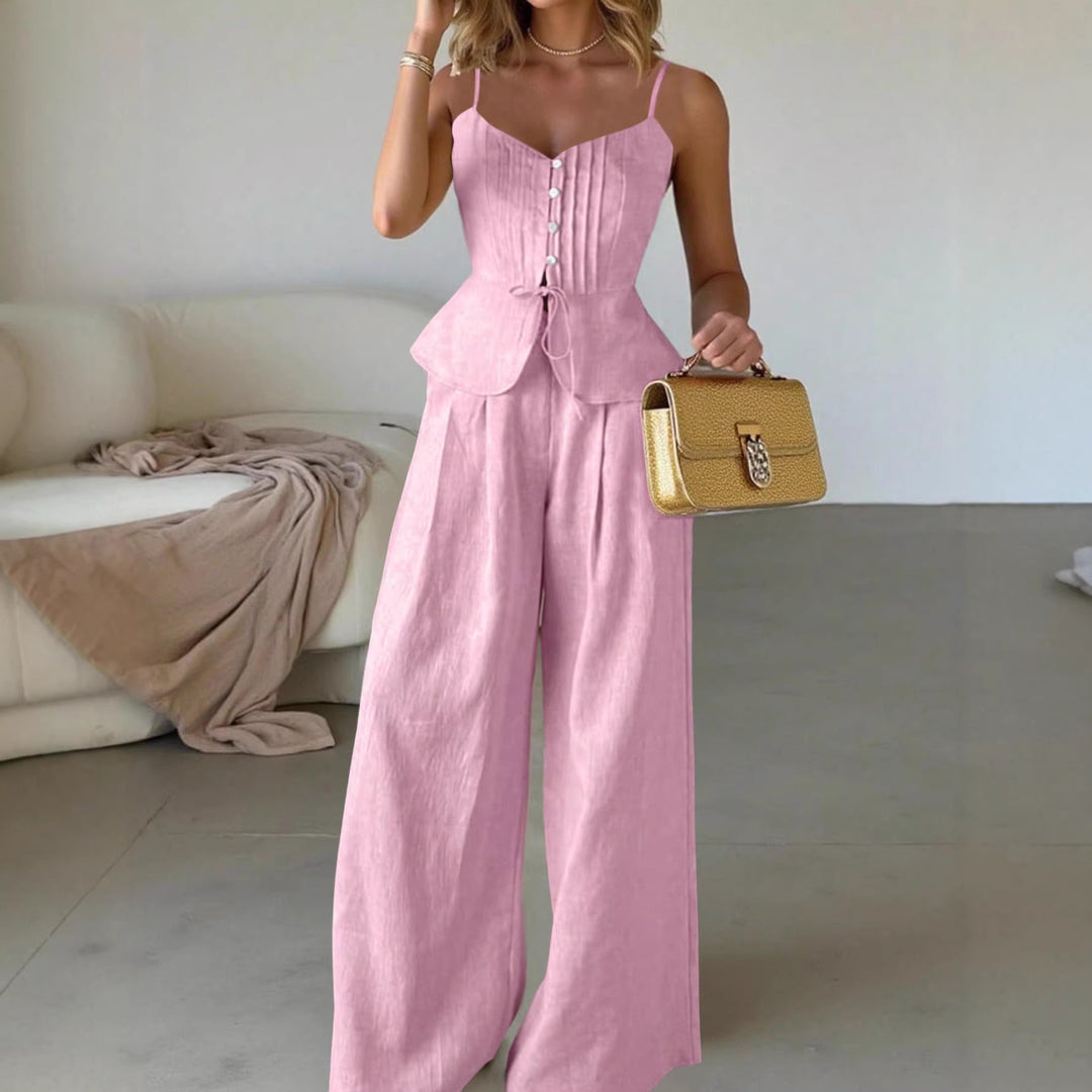 Women's Two-Piece Linen Set with Corset-like Waist Top, Peplum and Wide Palazzo Pants Mune Fashion