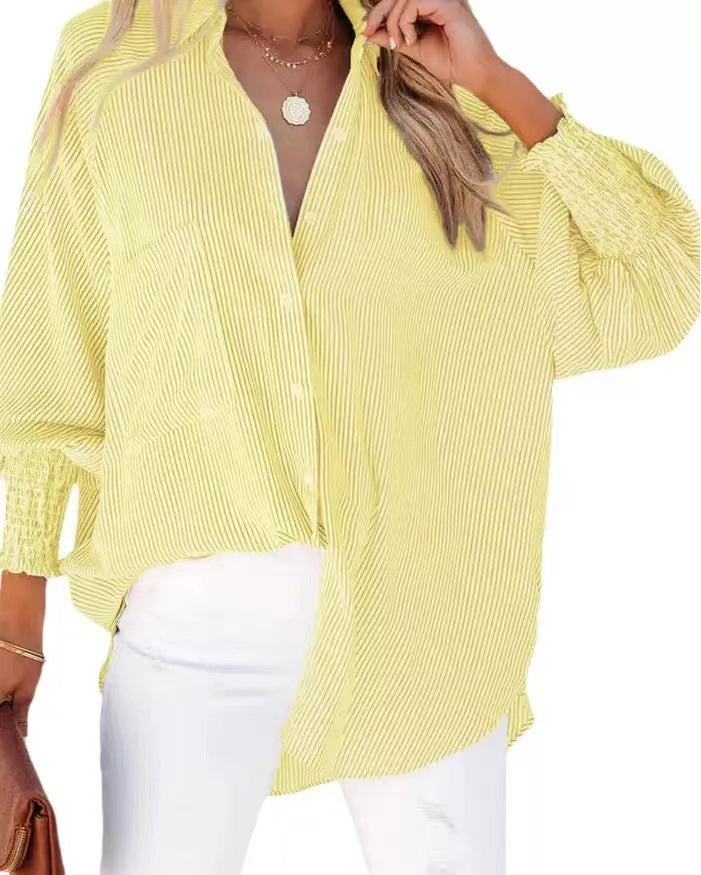 Women's loose fit striped blouse with shirt collar and gathered cuffs Mune Fashion