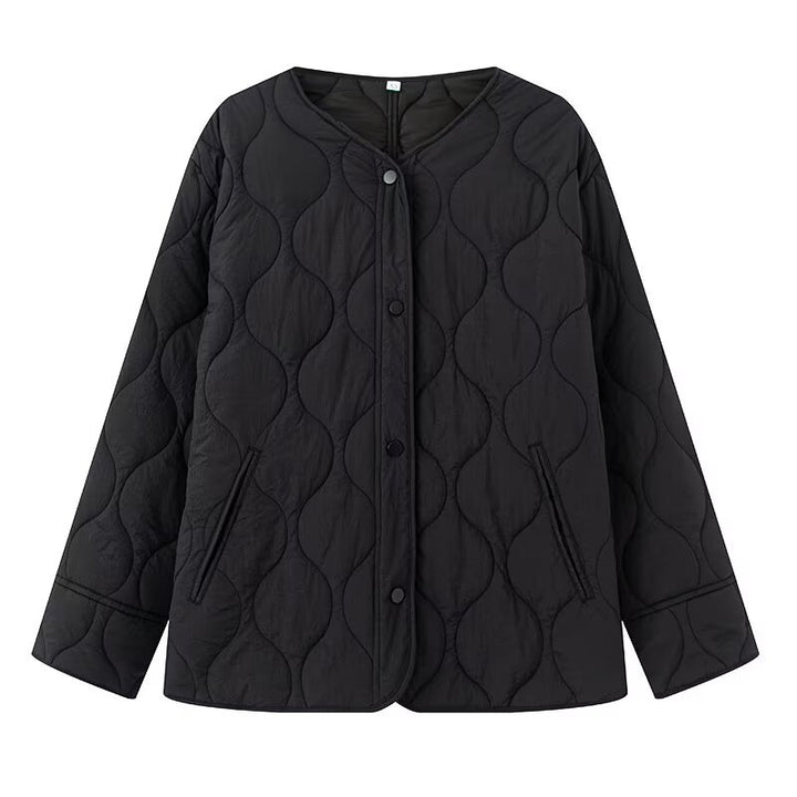 Women's Lightly Quilted Oversize Jacket with Round Neck, Snap Button Placket and Side Pockets Mune Fashion