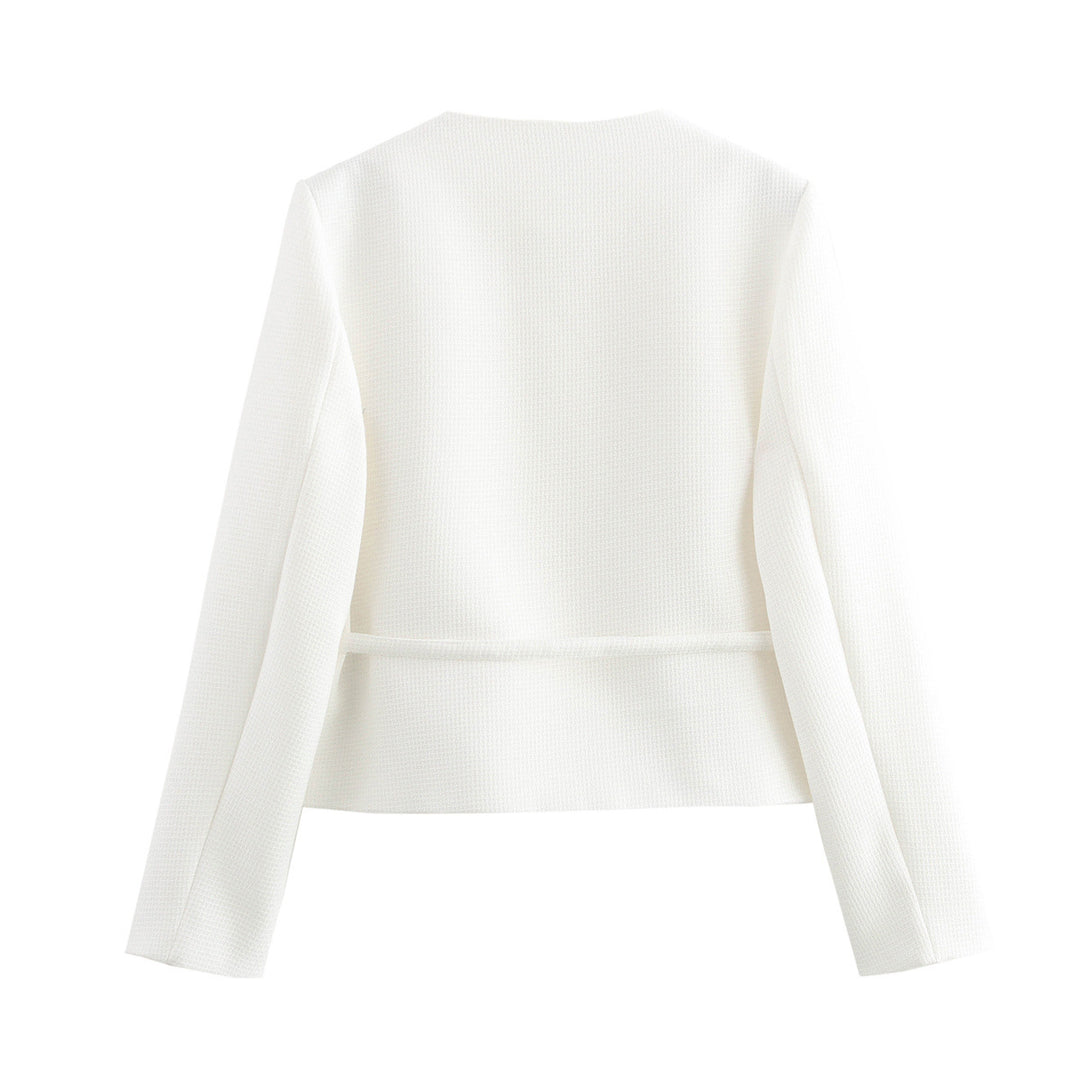 Women's structured short jacket with round neckline, wooden button placket, and tailored tie belt Mune Fashion