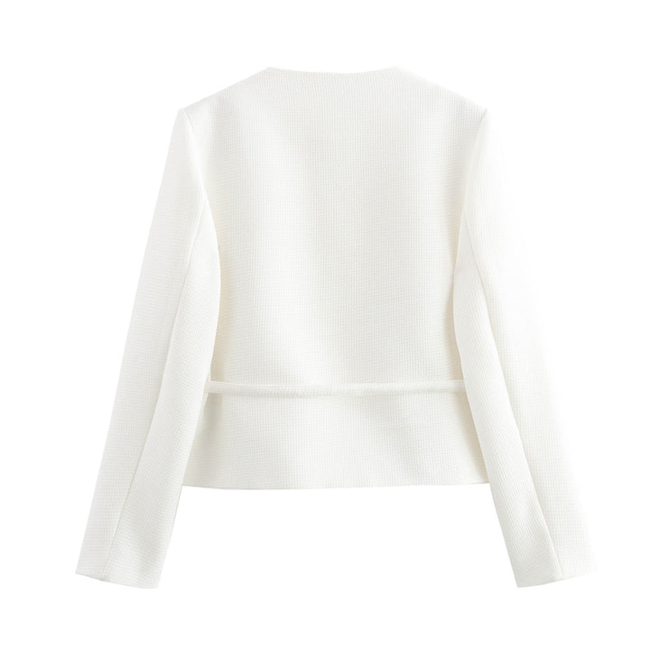 Women's structured short jacket with round neckline, wooden button placket, and tailored tie belt Mune Fashion