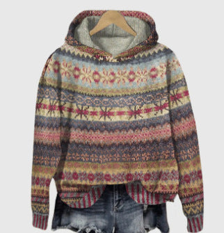 Women's oversized knitted hoodie with Norwegian pattern, lined hood and ribbed cuffs Mune Fashion