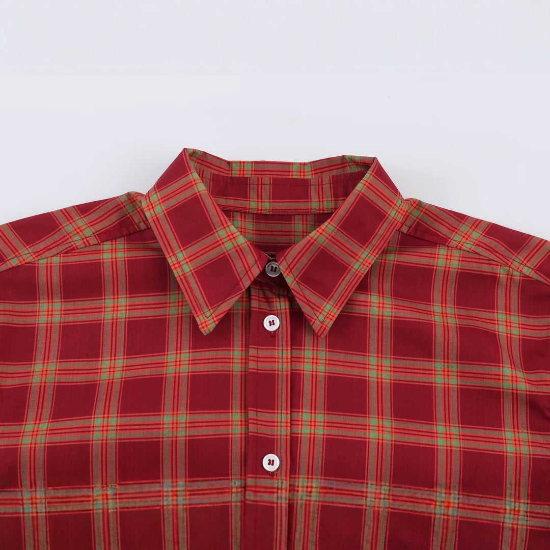 Women Oversized Check Blouse with Continuous Button Placket and Shirt Collar Mune Fashion