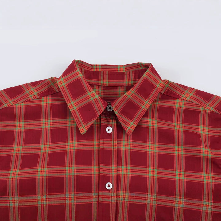 Women Oversized Check Blouse with Continuous Button Placket and Shirt Collar Mune Fashion