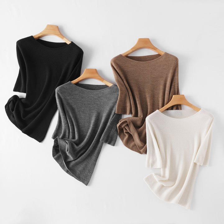 Women's Loose Fine Knit Tunic Top with Boat Neck and Herringbone Texture Mune Fashion