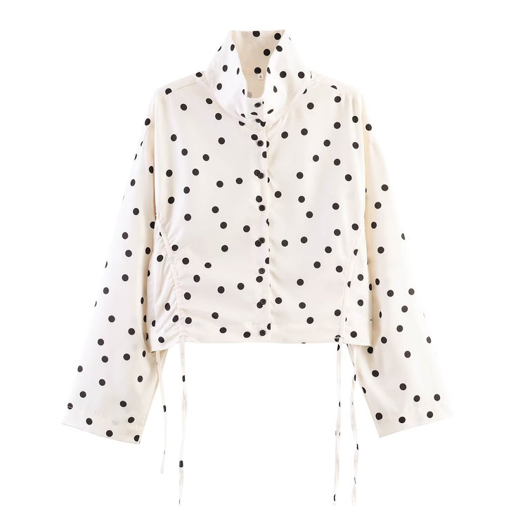 Women's Polka Dot Cropped Utility Jacket with Stand Collar and Drawstring Mune Fashion