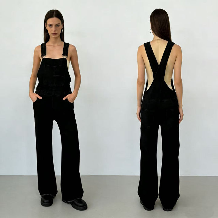 Ladies denim overall with wide leg, adjustable straps and flap pocket Mune Fashion