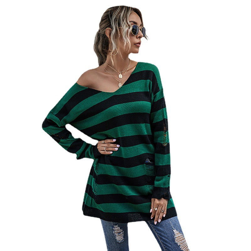 Women's Casual Long Sweater with V-Neck, Chunky Knit Stripes and Hole Details Mune Fashion