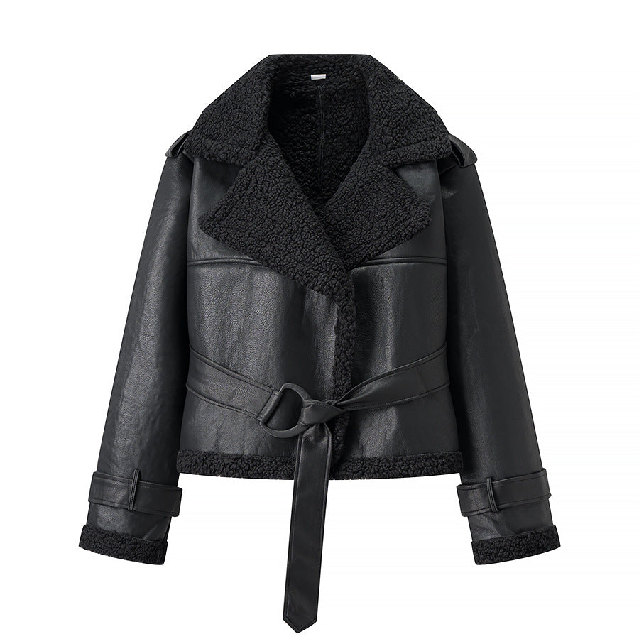 Women Short Flight Jacket Made of Faux Leather with Teddy Fur Collar and Waist Belt Mune Fashion