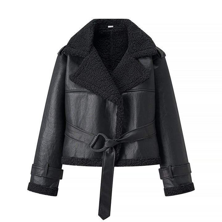 Women Short Flight Jacket Made of Faux Leather with Teddy Fur Collar and Waist Belt Mune Fashion