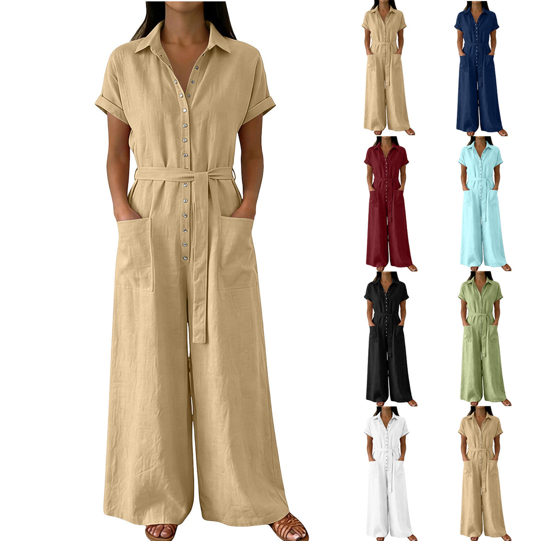Women's Shirt Blouse Jumpsuit with Wide Leg, Patch Pockets and Tied Belt Mune Fashion