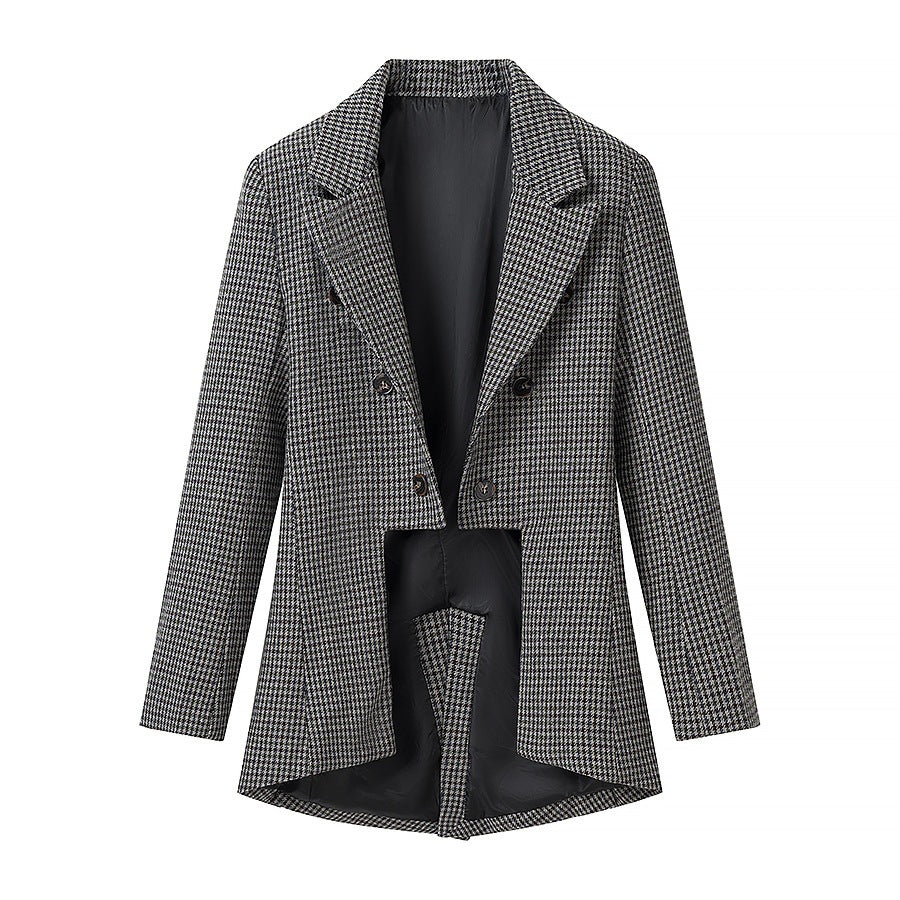 Women Houndstooth Blazer Inspired by Morning Coat with Cutaway Hem and Double-Breasted Button Placket Mune Fashion