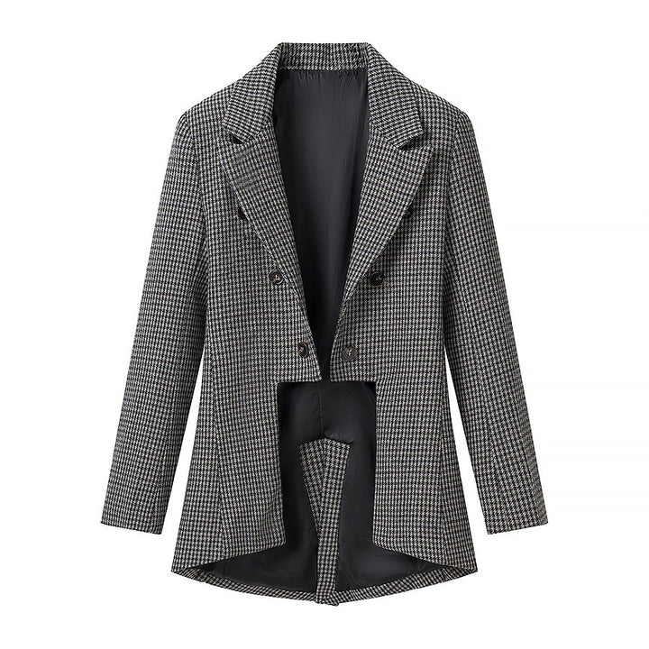 Women Houndstooth Blazer Inspired by Morning Coat with Cutaway Hem and Double-Breasted Button Placket Mune Fashion