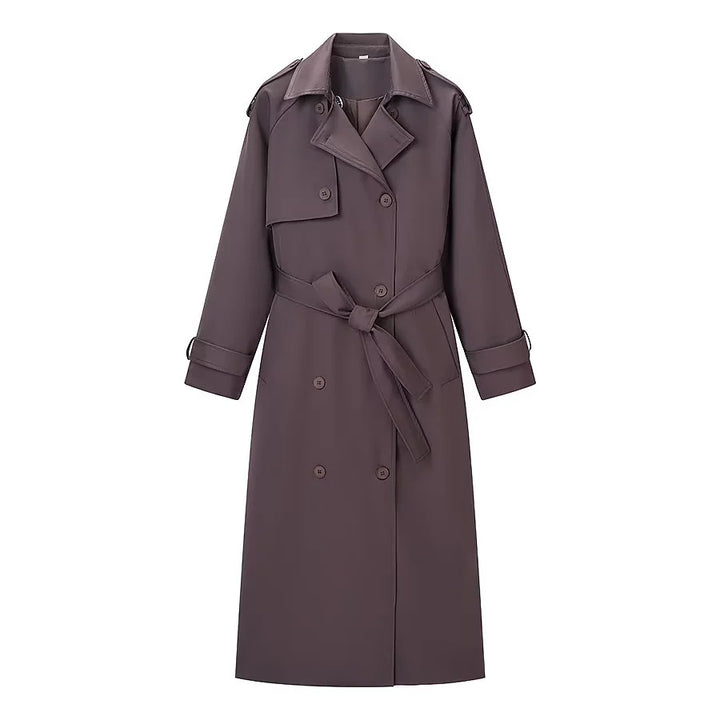 Women's longer double-breasted trench coat with waist belt, epaulettes, and storm flap Mune Fashion