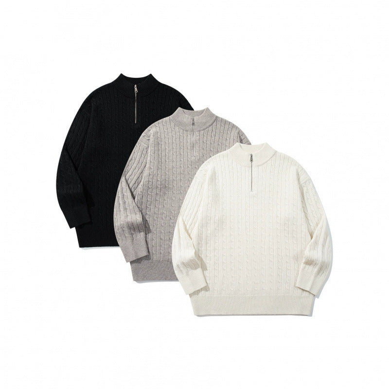 Unisex Oversize Braided Knit Half-Zip Sweater with Short Stand-Up Collar and Wide Ribbed Hem Mune Fashion