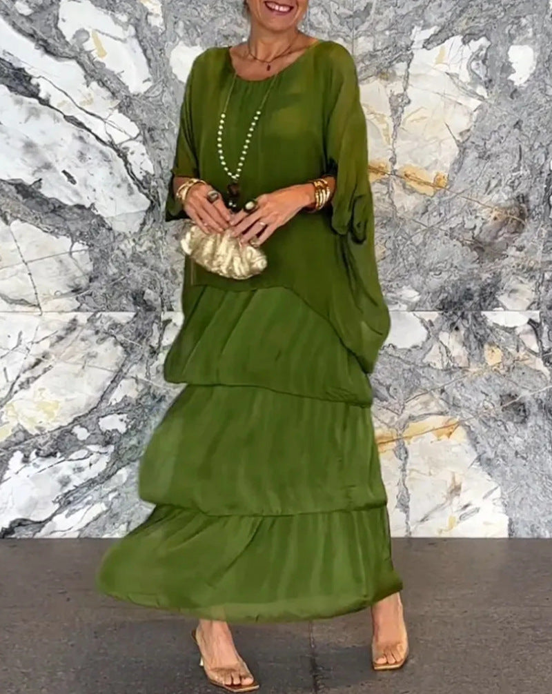 Women's ankle-length tiered dress with wide batwing sleeves and loose silhouette Mune Fashion
