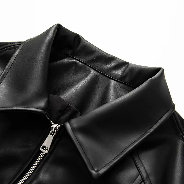 Women's tailored faux leather bomber jacket with zipper, bow sleeve details, and elastic hem Mune Fashion
