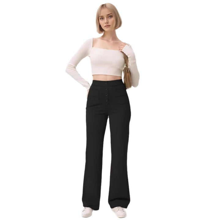 Women's waist-defining flared pants made of stretch jersey with decorative button placket Mune Fashion
