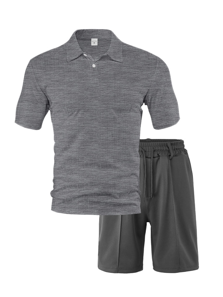 Men's two-piece summer travel set with textured short-sleeve polo shirt and functional mesh shorts Mune Fashion