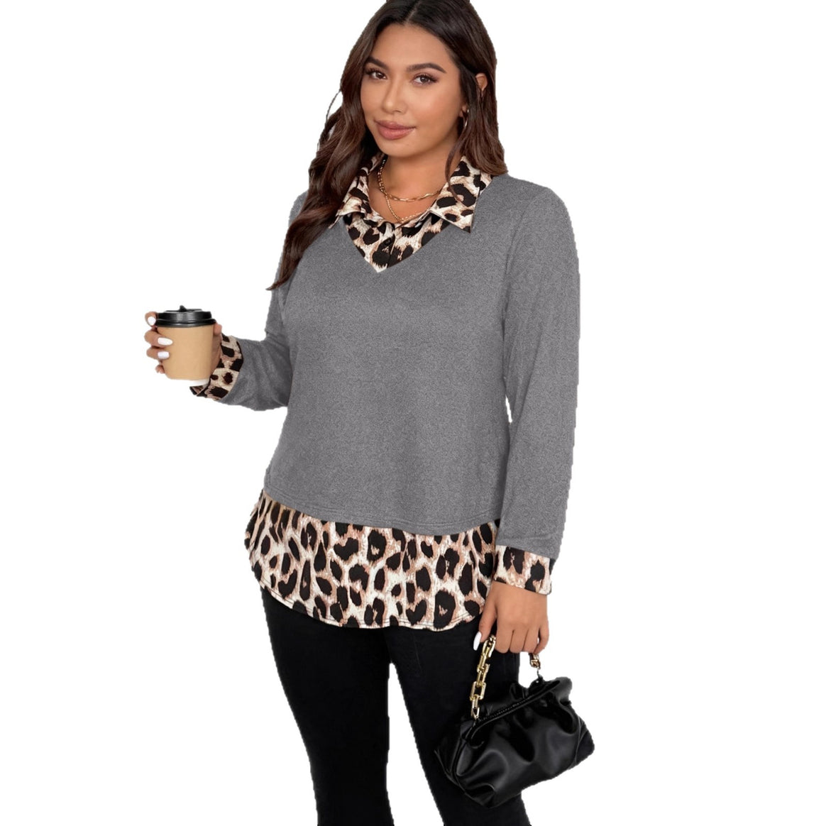 Women's layered look pullover with V-neck and leopard print blouse insert Mune Fashion