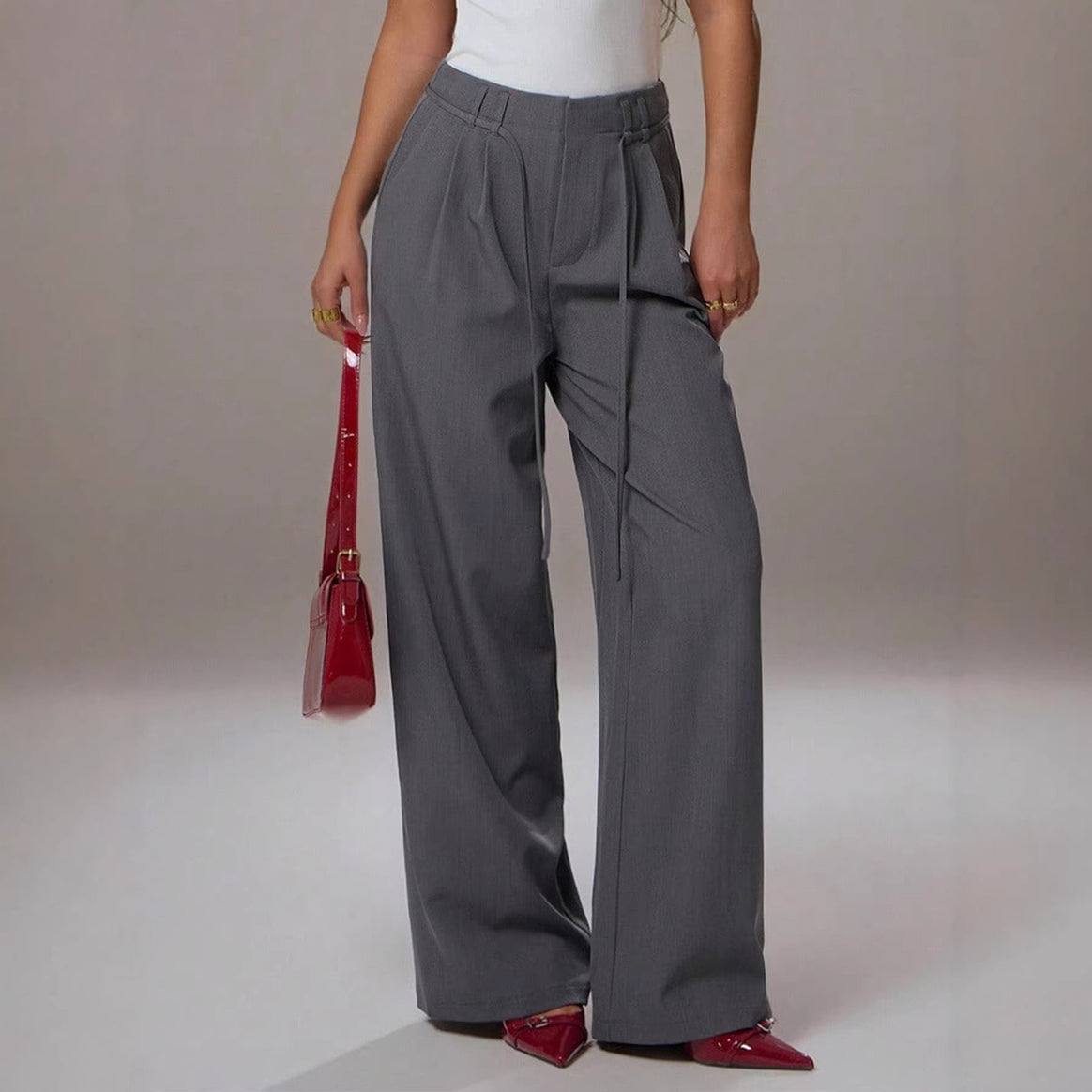 Women's High-Waisted Palazzo Pants with Pleats, Drawstring and Wide Leg Mune Fashion