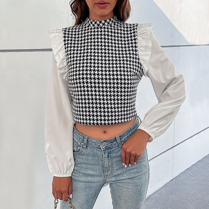 Women's Houndstooth Cropped Top with Ruffled Shoulders and Long Chiffon Sleeves Mune Fashion