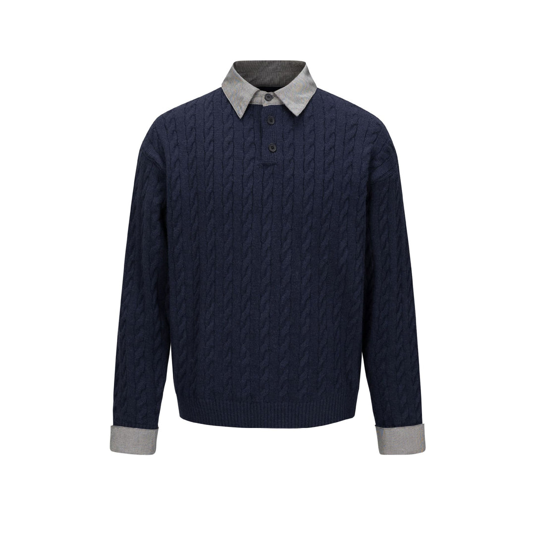 Men's Structured Knit Sweater with Integrated Shirt Collar and Three-Button Placket Mune Fashion