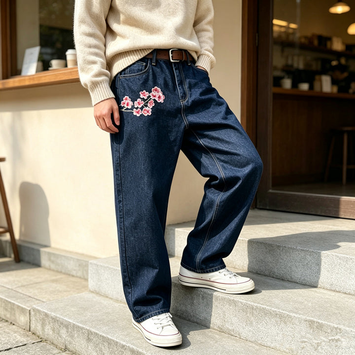 Men's Fashion Wide Cut Denim Pants with Floral Embroidery Mune Fashion