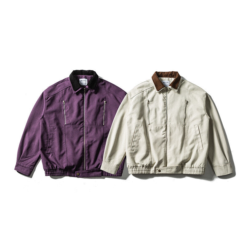 Men's Boxy Canvas Blouson Jacket with Cord Collar, Zipper Chest Pockets and Elastic Hem Mune Fashion