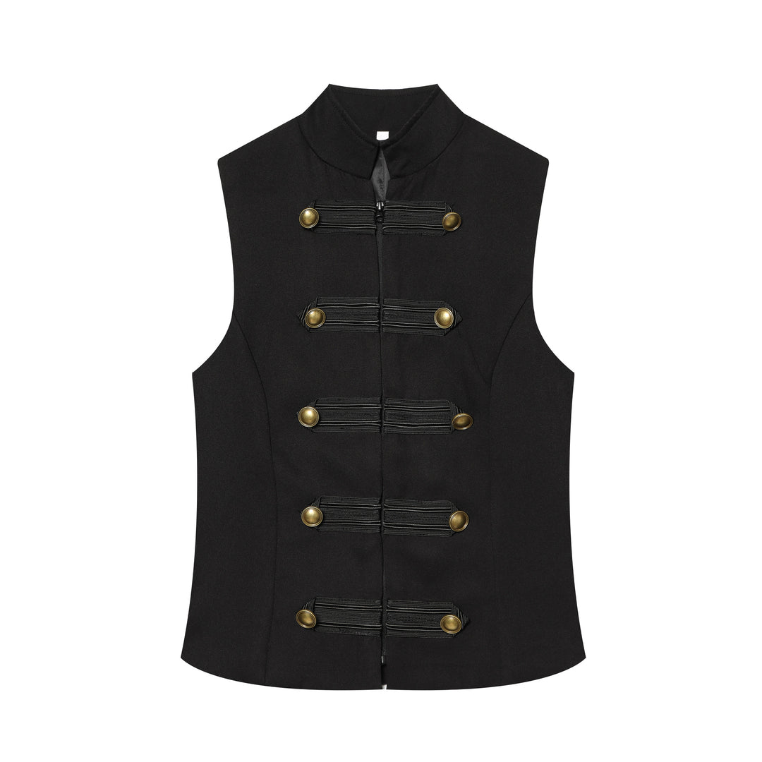 Women's Fitted Military Vest with Stand-Up Collar and Decorative Straps Mune Fashion