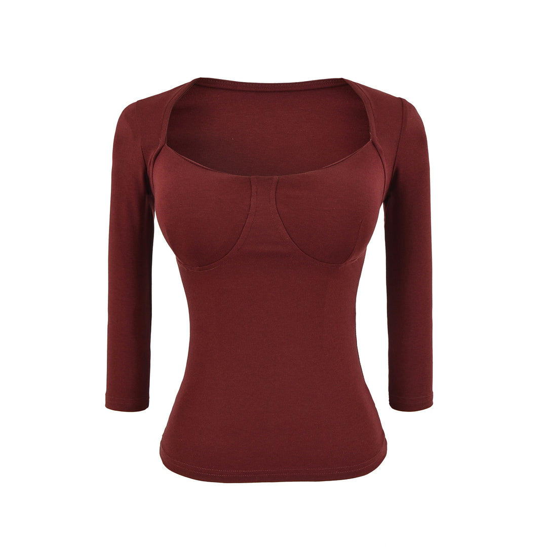 Women's Fitted Long Sleeve Top with Integrated Bustier Contour and Square Neckline Mune Fashion