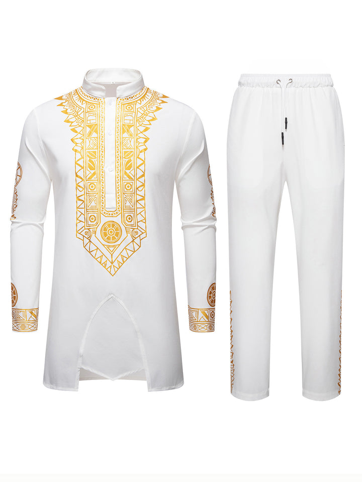 Men's Traditional Long Sleeve Kurta Set with Stand Collar, Gold Ornament Print and Drawstring Pants Mune Fashion