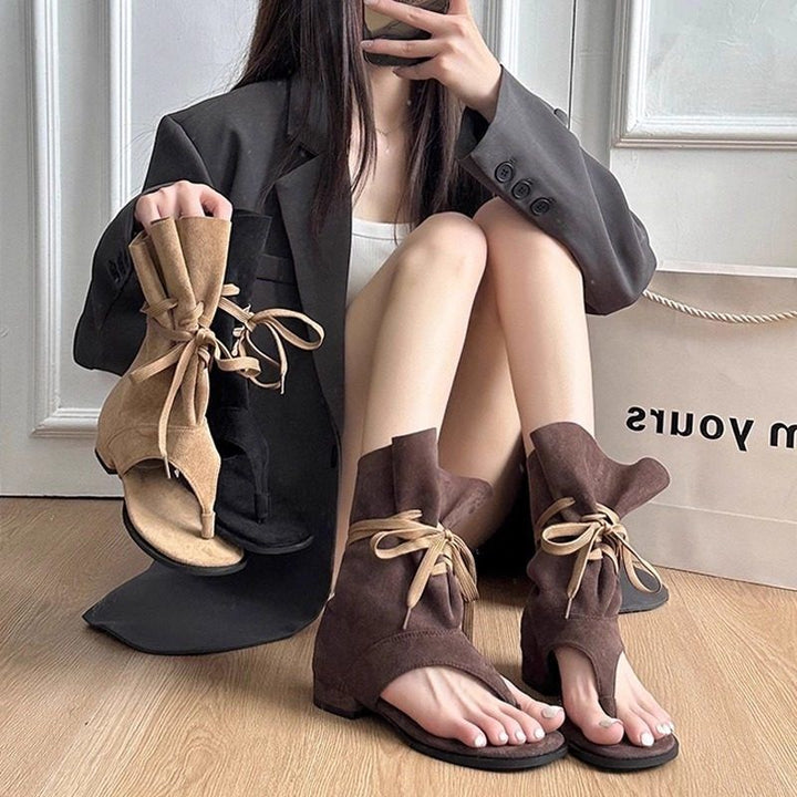 Women's Mid-Height Sandals-Booties with Wrap-Lacing Mune Fashion