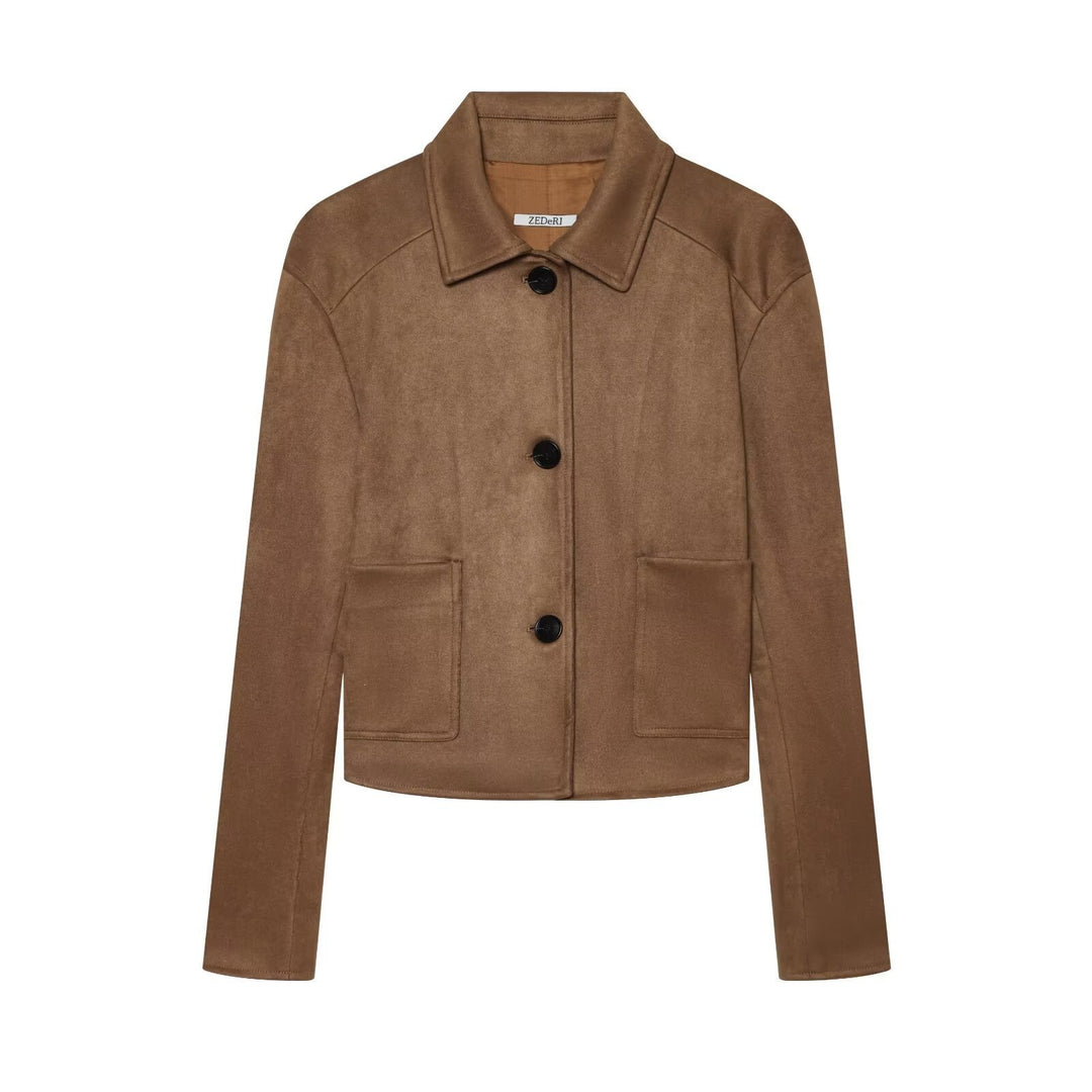 Women's short jacket in suede leather look with shirt collar and patch pockets Mune Fashion