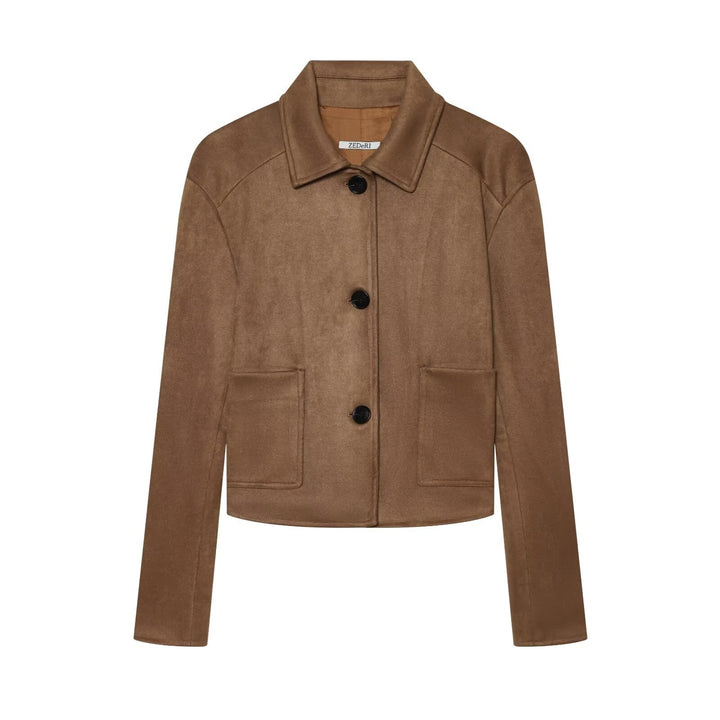 Women's short jacket in suede leather look with shirt collar and patch pockets Mune Fashion