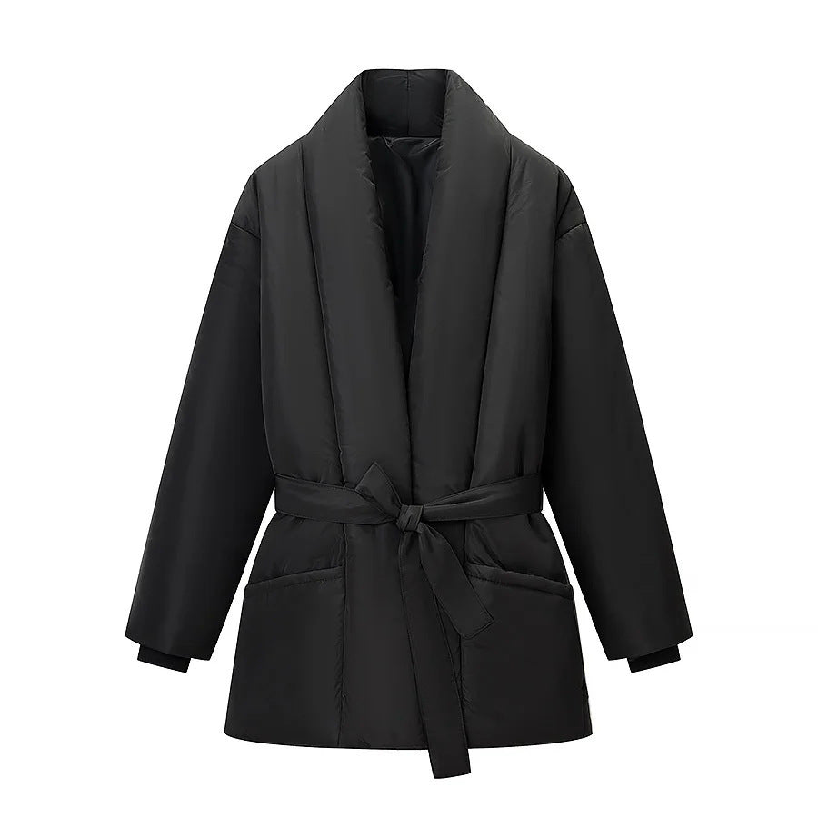 Women's nano quilted jacket with shawl collar, tie belt, and patch pockets Mune Fashion