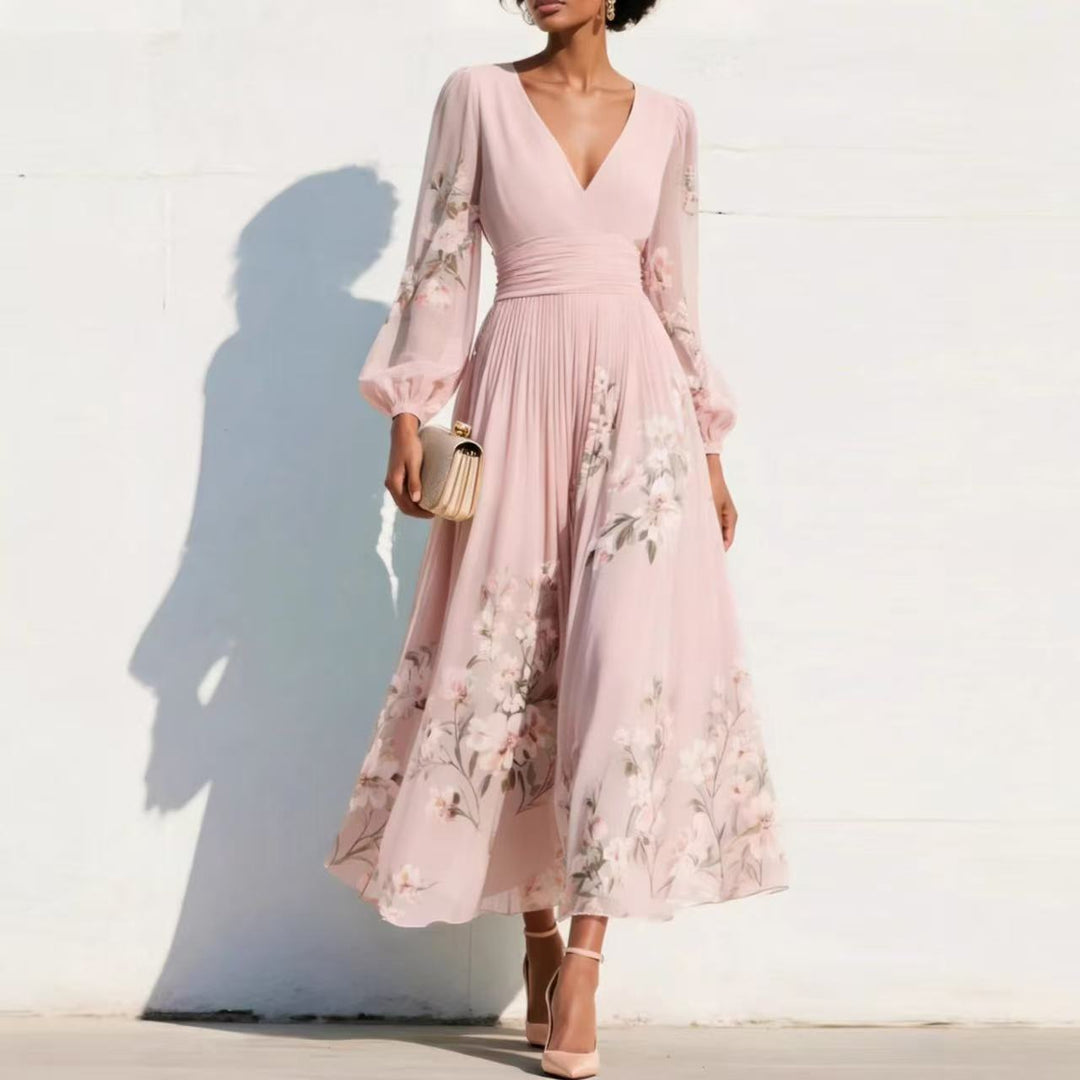 Women Chiffon Midi Dress with V-neck, gathered waist and floral pleated skirt Mune Fashion
