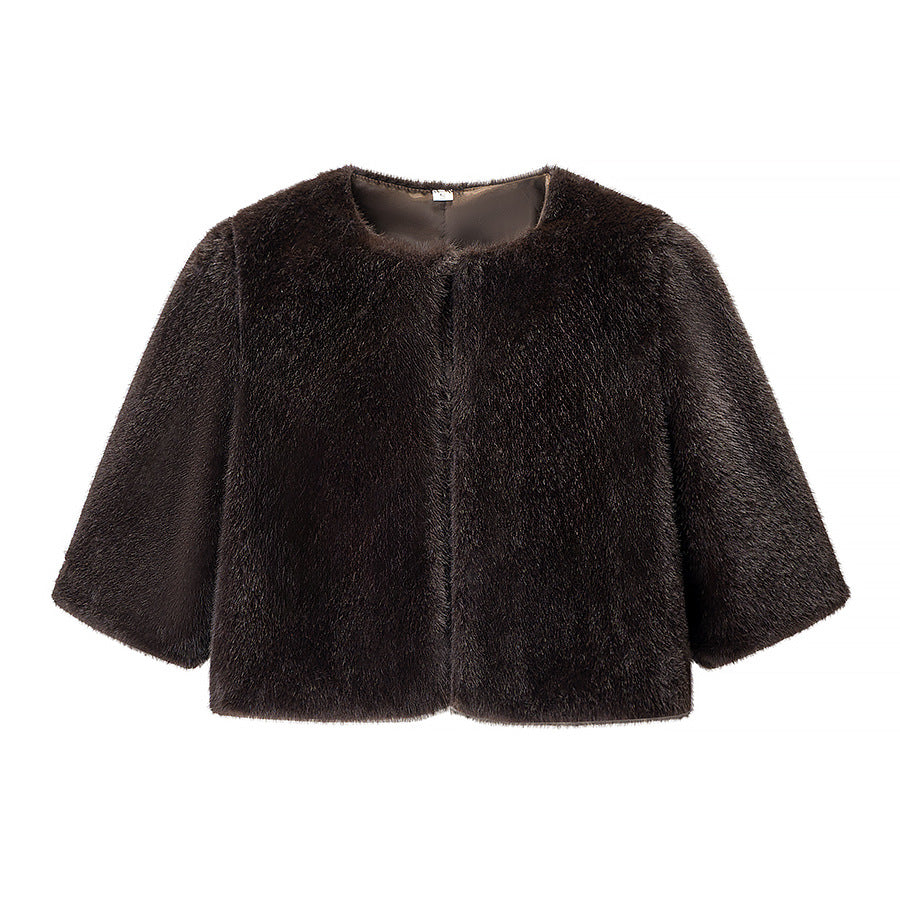 Ladies Short-Cut Faux Fur Bolero with 3/4 Sleeves Mune Fashion