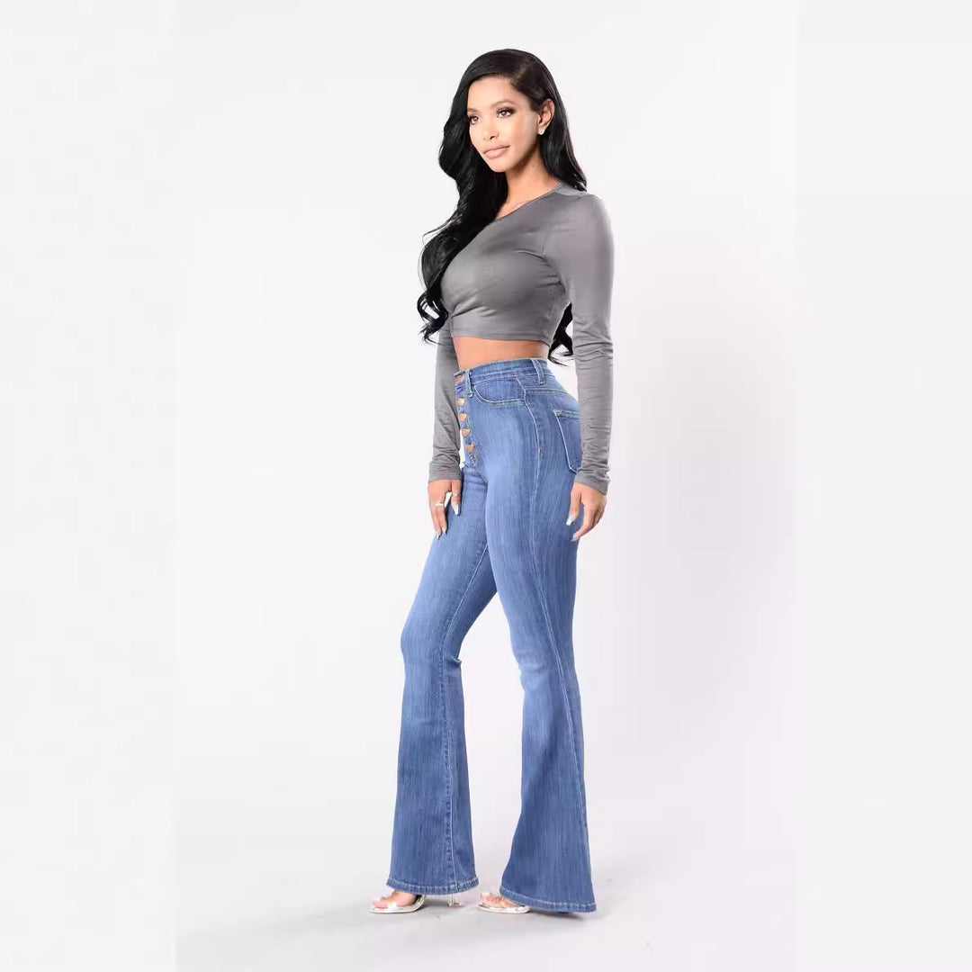 Women's nan high-waist jeans with flared hem, fitted cut and decorative button placket Mune Fashion