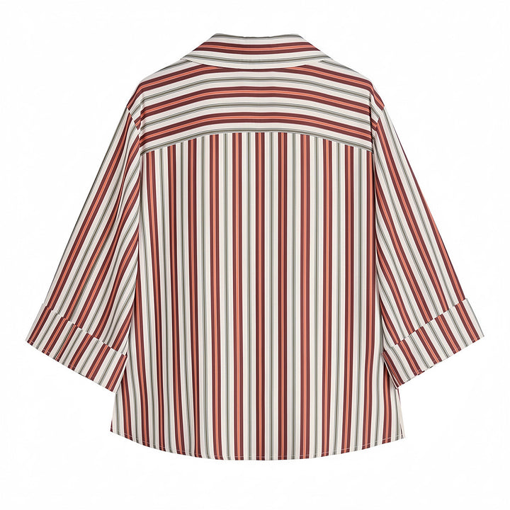 Women's loosely cut wrap blouse with shirt collar, three-quarter sleeves, and stripe pattern Mune Fashion