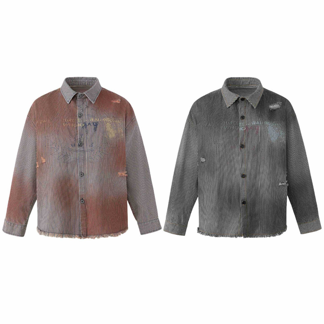 Women's overshirt jacket made of striped denim with fringes and used details Mune Fashion
