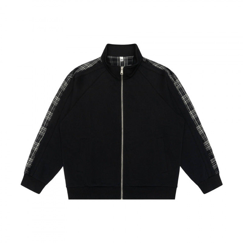 Unisex Short Cut Zip Jacket in Boxy Style with Check Arm Tape and Stand-Up Collar Mune Fashion