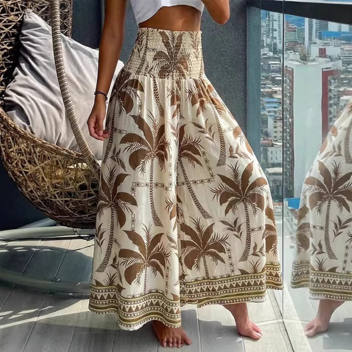 Women's maxi skirt with high smocked waist and airy boho palm print Drune
