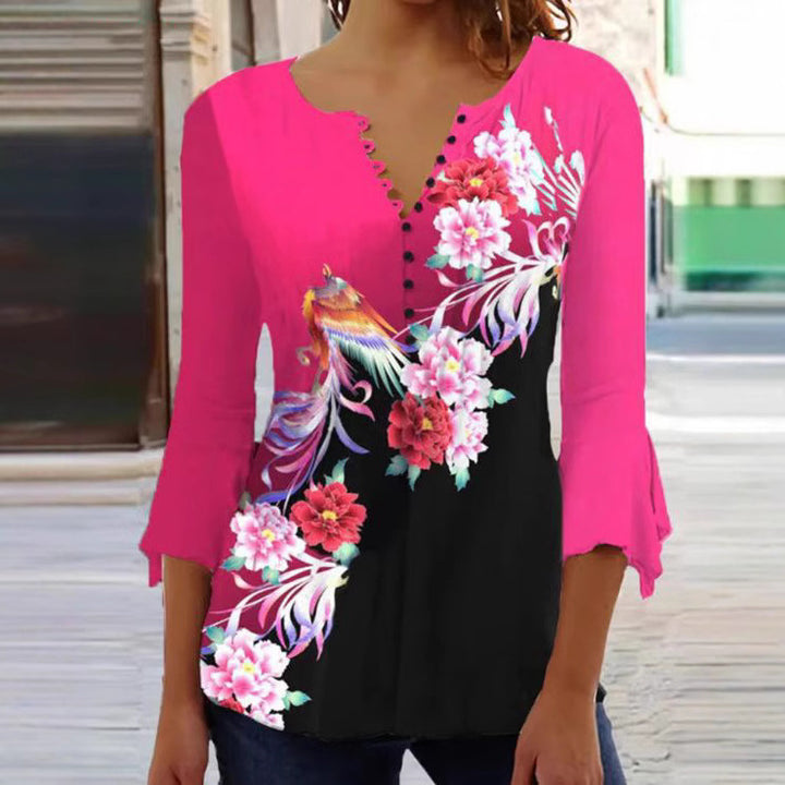 Women's V-neck tunic blouse with floral bird pattern, three-quarter flounce sleeves and figure-flattering hem Mune Fashion
