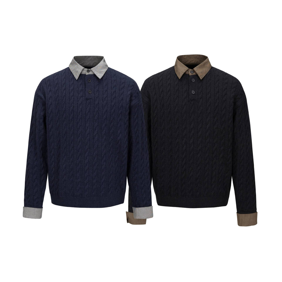 Men's Structured Knit Sweater with Integrated Shirt Collar and Three-Button Placket Mune Fashion