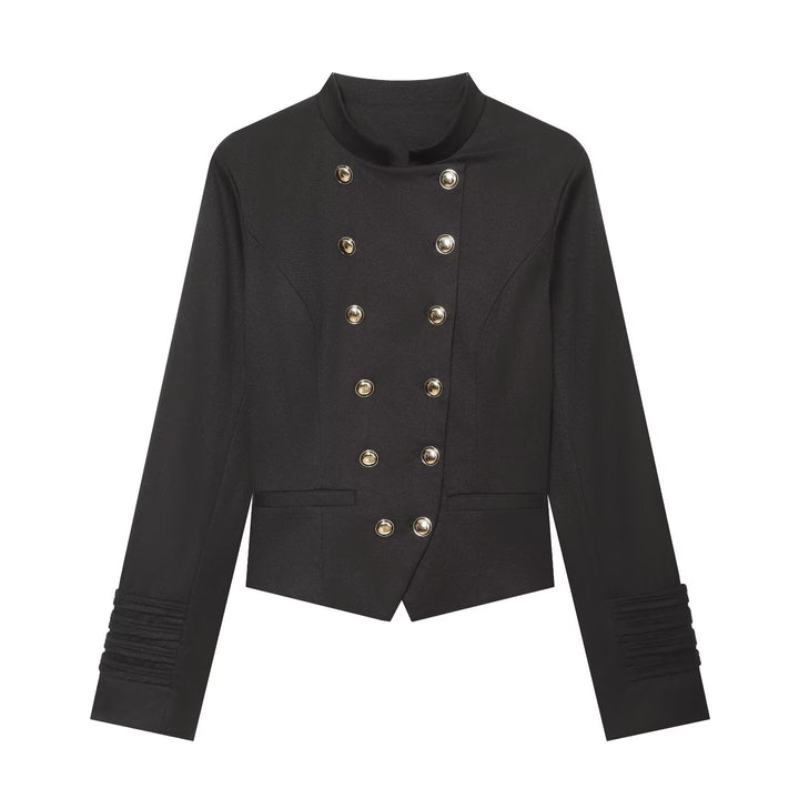 Women Short Double-Breasted Sailor Blazer with Stand Collar and Decorative Sleeve Gatherings Drune