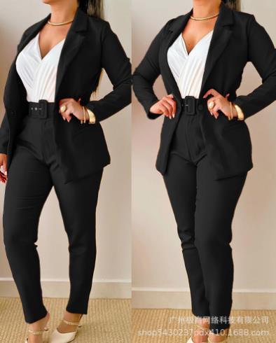 Women's tailoring set with animal print lapel, tailored belt blazer and high-waist slim pants Mune Fashion