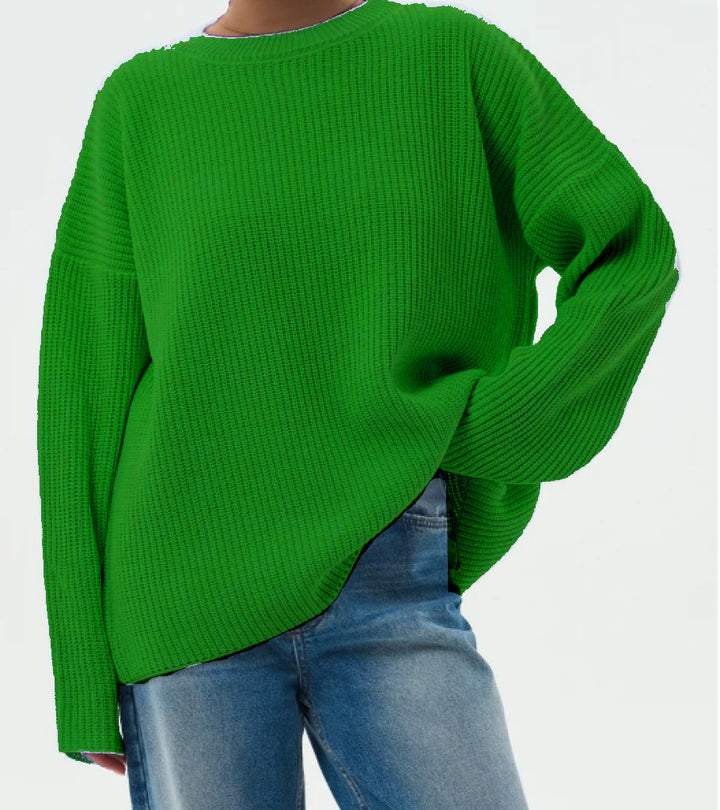 Women's Oversize Structured Knit Sweater with Round Neckline and Dropped Shoulder Mune Fashion