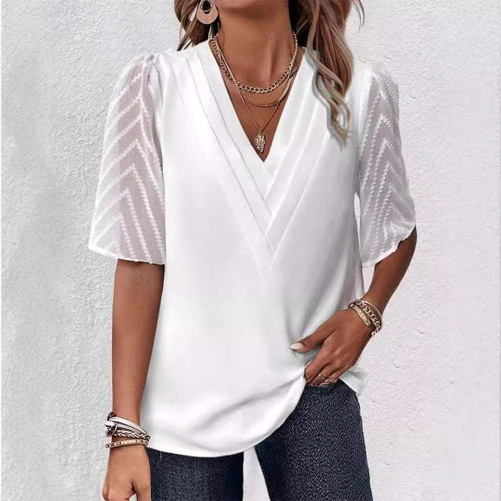 Women’s V-neck blouse with pleated yoke and transparent zigzag sleeves Mune Fashion