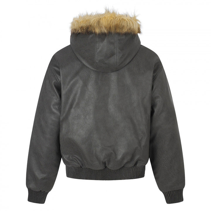 Women's Hooded Jacket in Leather Look with Studded Trim, Faux Fur Collar and Ribbed Hem Mune Fashion